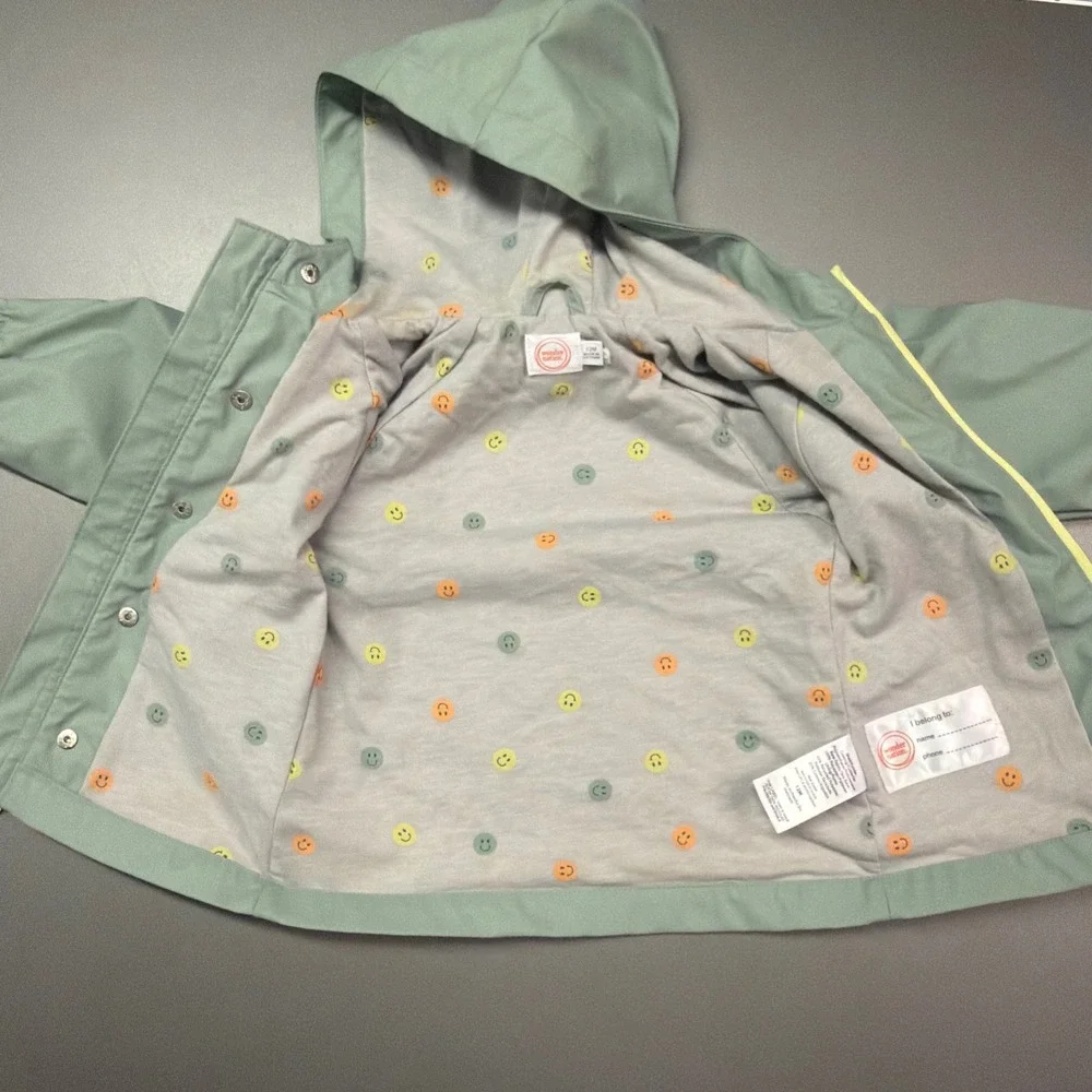 Wonder Nation Baby Raincoat Sage Green Hooded Smiley Face Lining 12M Rain Jacket